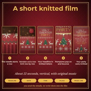 Einladungsvideo für eine Weihnachtspullover-Party, animierte Einladung mit Musik und gestricktem Weihnachtspullover, personalisierte Einladung zur Weihnachtsfeier, per SMS oder zum Teilen Bild 3