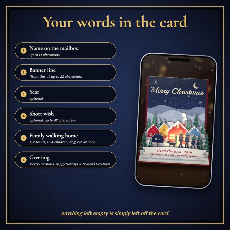 Pop-up-Weihnachtskarte als Video, personalisierte Weihnachtsgrüße für die Familie mit Namen, animiertes Papierdorf, digitale Weihnachtskarte zum Versenden per SMS oder E-Mail Bild 4