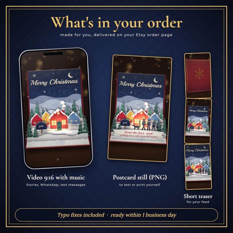 Pop-up-Weihnachtskarte als Video, personalisierte Weihnachtsgrüße für die Familie mit Namen, animiertes Papierdorf, digitale Weihnachtskarte zum Versenden per SMS oder E-Mail Bild 2