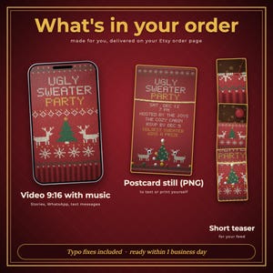 Einladungsvideo für eine Weihnachtspullover-Party, animierte Einladung mit Musik und gestricktem Weihnachtspullover, personalisierte Einladung zur Weihnachtsfeier, per SMS oder zum Teilen Bild 2