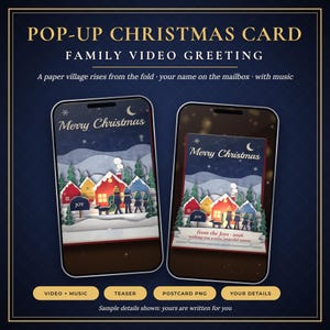 Pop-up-Weihnachtskarte als Video, personalisierte Weihnachtsgrüße für die Familie mit Namen, animiertes Papierdorf, digitale Weihnachtskarte zum Versenden per SMS oder E-Mail Bild 1