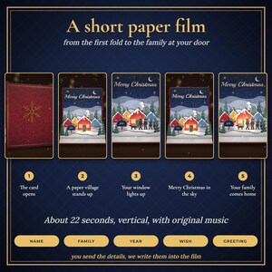 Pop-up-Weihnachtskarte als Video, personalisierte Weihnachtsgrüße für die Familie mit Namen, animiertes Papierdorf, digitale Weihnachtskarte zum Versenden per SMS oder E-Mail Bild 3