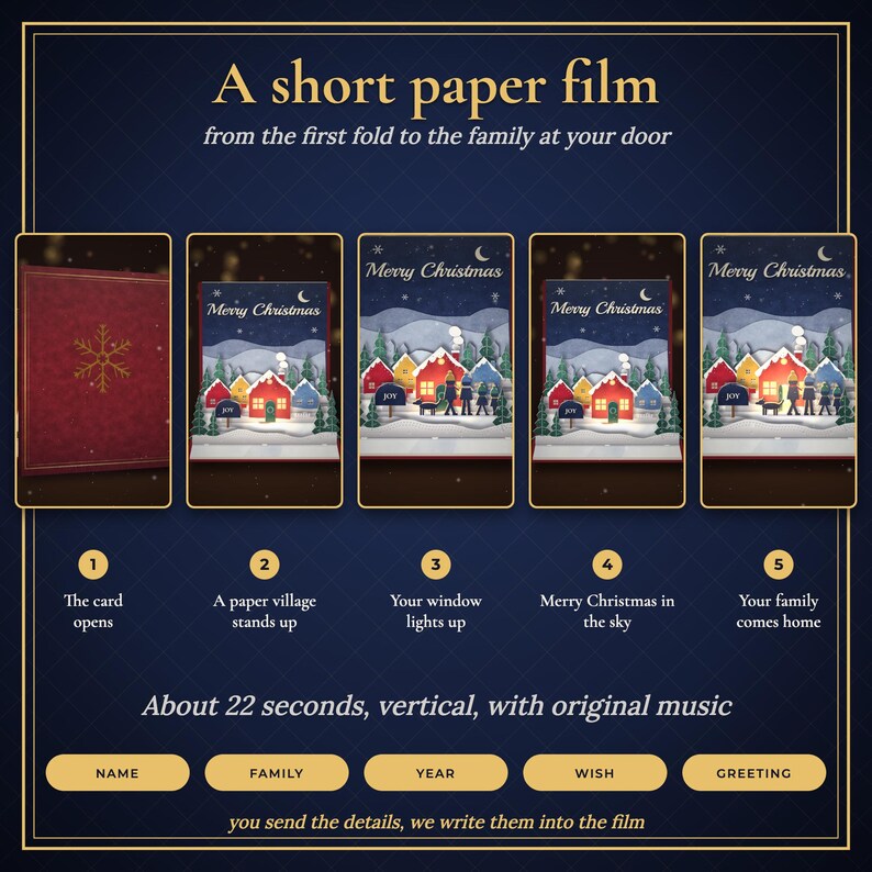 Pop-up-Weihnachtskarte als Video, personalisierte Weihnachtsgrüße für die Familie mit Namen, animiertes Papierdorf, digitale Weihnachtskarte zum Versenden per SMS oder E-Mail Bild 3