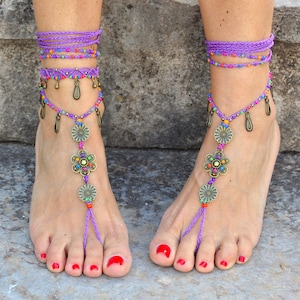 Barefoot SANDALS,Purple flower mandala, Beach wedding,foot jewelry,boho sandals,macrame anklet, crochet jewelry, yoga jewelry, Hippie feet