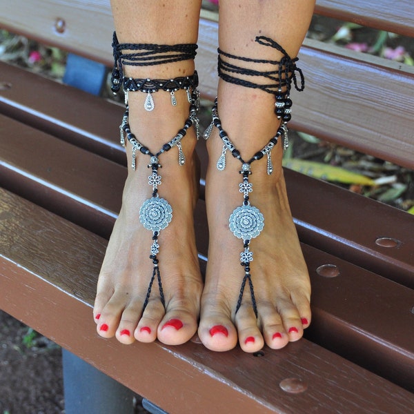 Flower Mandala Barefoot Sandals: Black Macrame Beach Foot Jewelry