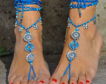 Elemental Steelers Made to Order Rasta Italian German Triple Goddess Patriotic Hand Crochet Ankle Wrap Barefoot Sandals Chakra