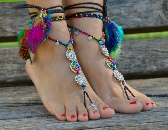 Rainbow MANDALA BAREFOOT SANDALS Foot Jewelry Hippie Sandals Toe Anklet  Beaded Crochet Barefoot Tribal Sandals Festival Feather Yoga Wedding 