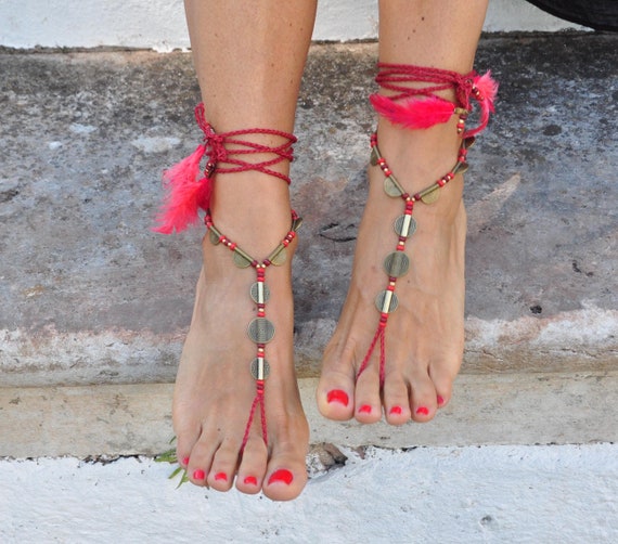 Buy Red Barefoot Sandals, Foot Jewelry, Toe Ring, Crochet Anklet  