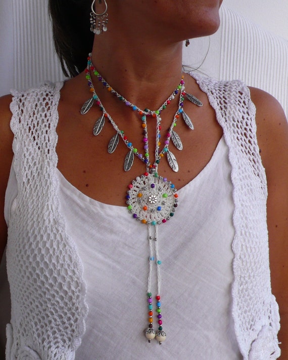Collar Largo Colorido Collar Shield Joyería Hippie Feliz