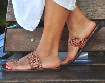 Brown Leather Sandals,Handmade Slip Ons Sandals, Indian style,Handcrafted Summer shoes,Women Sandals,Flats,Ethnic Sandals,Boho style