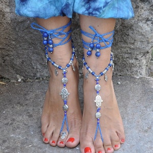 Indigo Blue and Silver HAMSA hand BAREFOOT SANDALS foot jewelry hippie sandals toe ring anklet crochet barefoot tribal sandals yoga image 4