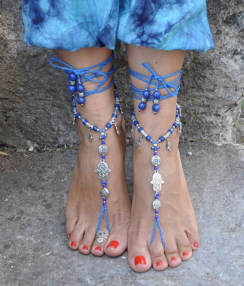 Indigo Blue and Silver HAMSA hand BAREFOOT SANDALS foot jewelry hippie sandals toe ring anklet crochet barefoot tribal sandals yoga image 4