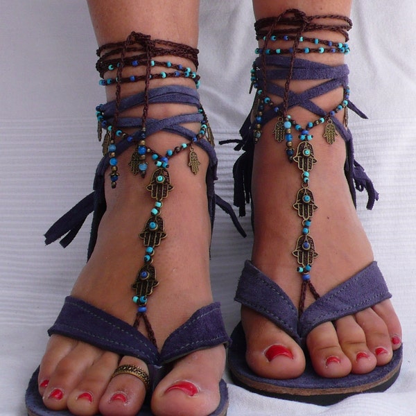 Brown and Blue Brass HAMSA hand BAREFOOT SANDALS foot jewelry hippie sandals toe ring anklet crochet barefoot tribal sandals