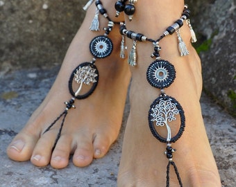Black TREE of LIFE Barefoot SANDALS, Foot jewelry, Hippie Sandals, Beach Wedding, Beaded crochet, Yoga accessories, Ethnic Boho Shoes