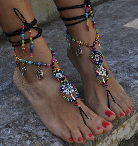 Barefoot Sandals,tree of LIFE, RAINBOW and Black, Ankle Bracelet