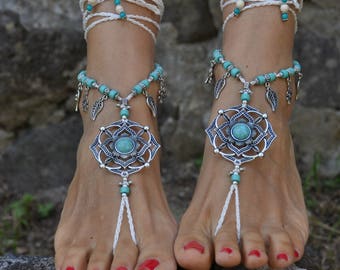 STARFLOWER BAREFOOT SANDALS, White and Teal, Foot Jewelry, Hippie Sandals, Toe Ring, Beach Wedding sandals, Yoga jewelry