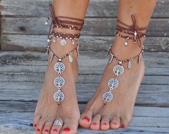 TREE of LIFE barefoot SANDALS Brown-Foot jewelry-Hippie Sandals-Wedding Sandals- Beaded crochet barefoot tribal sandals