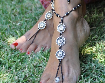 Black and Silver Flower BAREFOOT SANDALS- Foot Jewelry-Hippie Sandals-Beach Wedding-Yoga Accessories