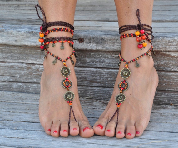 Rainbow MANDALA BAREFOOT SANDALS Foot Jewelry Hippie Sandals Toe