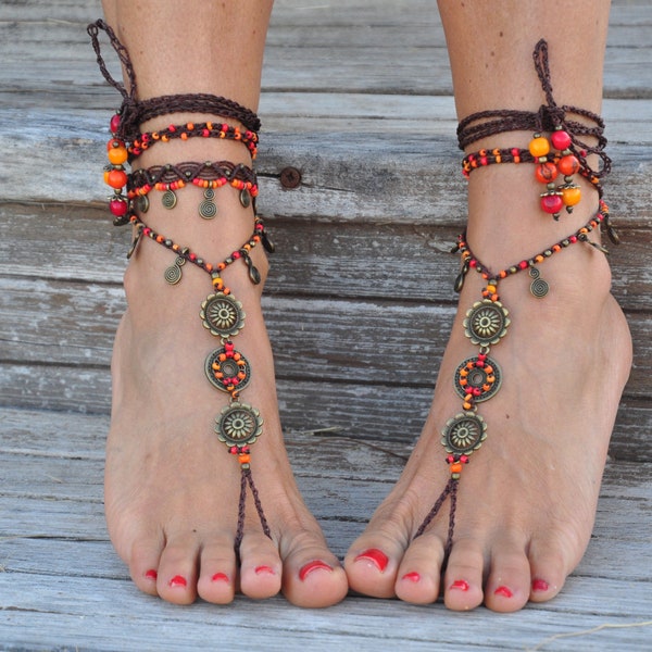 Barefoot SANDALS, FIRE MANDALA, Foot jewelry, Crochet jewelry, Beach wedding, Anklet, Boho sandals, Orange sandals,Yoga jewelry,Belly dance