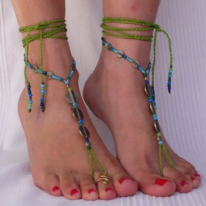 Green SPIRAL BAREFOOT SANDALS antique bronze foot jewelry hippie sandals toe ring anklet crochet barefoot sandal festival ethnic yoga