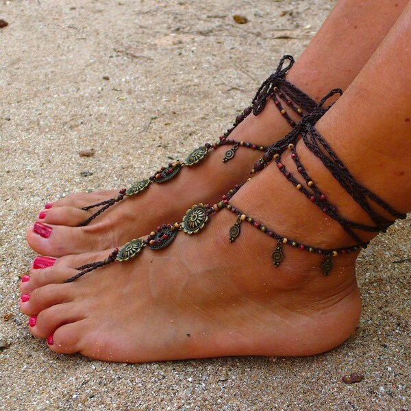EARTH MANDALA brass barefoot SANDALS foot jewelry hippie sandals toe ring anklet beaded crochet barefoot tribal sandal festiva yoga wedding