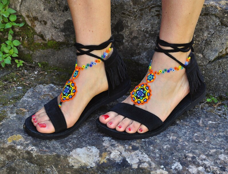 Black Suede Leather Sandals Fringe Leather Sandals Flat Etsy