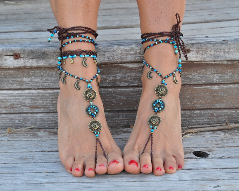 MOON MANDALA BAREFOOT sandals, Foot jewelry, Hippie sandals, Toe anklet, Beaded crochet barefoot tribal sandals, Festival, Yoga Bare sandals+anklet