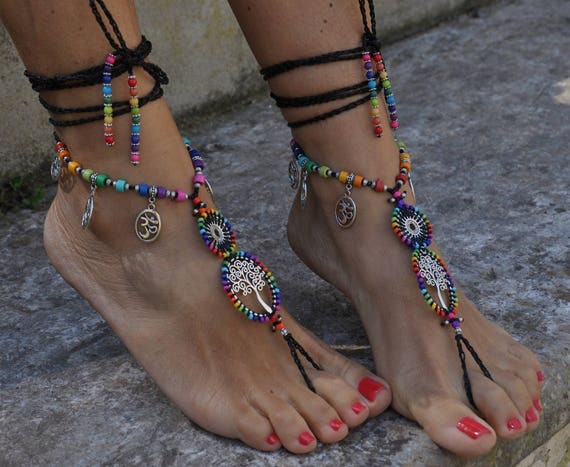 Black TREE of LIFE Barefoot SANDALS, Foot Jewelry, Hippie Sandals