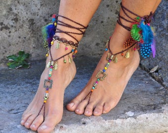 Brass and Brown ETNHIC BAREFOOT SANDALS feathers foot jewelry hippie sandals toe ring anklet crochet barefoot tribal sandals festival yoga