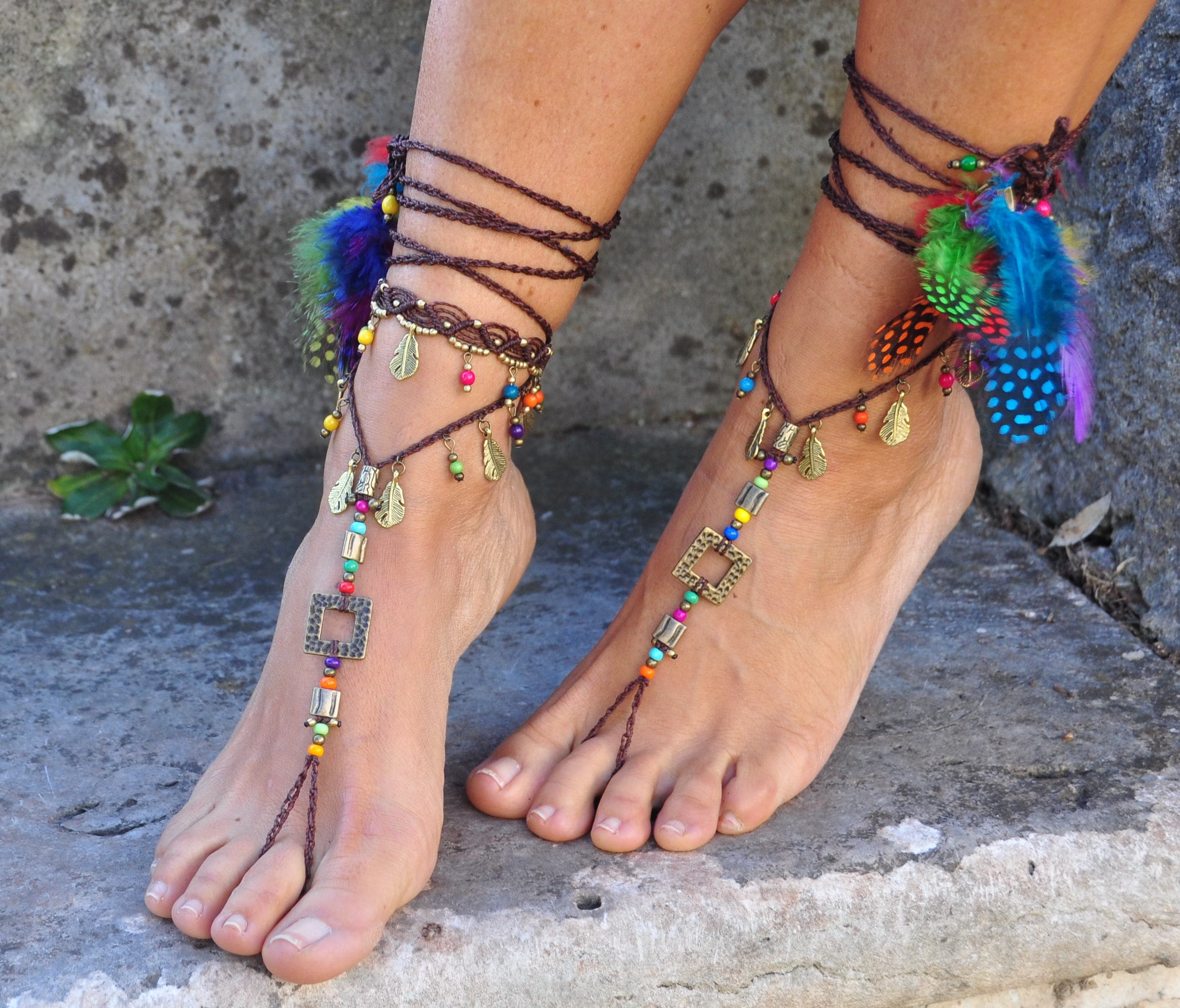 Brass and Brown ETNHIC BAREFOOT SANDALS Feathers Foot Jewelry
