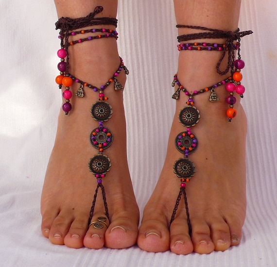 Rainbow MANDALA BAREFOOT SANDALS Foot Jewelry Hippie Sandals Toe