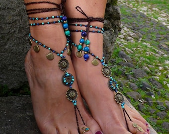 Ozean MANDALA barfuss Sandalen Fuß Schmuck Hippie-Sandalen Zehe Fußkettchen Perlen häkeln barfuß Stammes-Sandale Festival Yoga Gipsy Sandalen blau