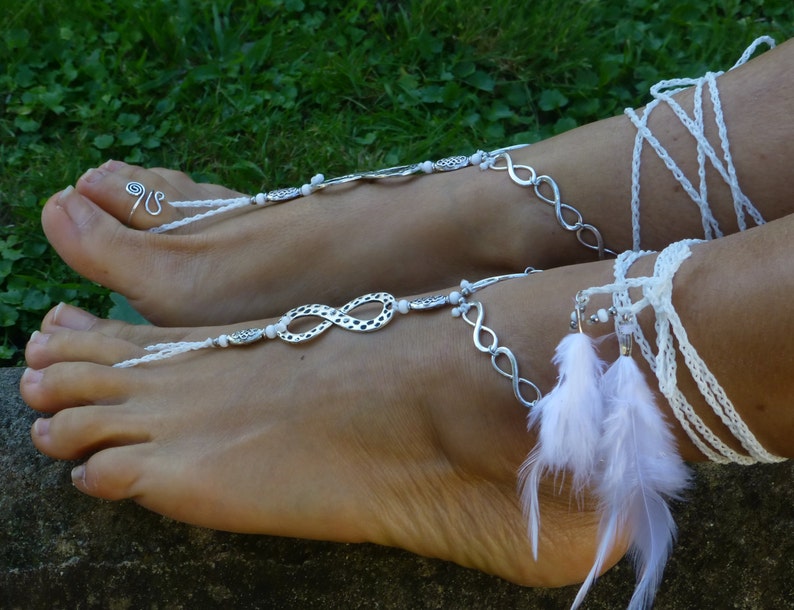 foot jewelry WHITE BAREFOOT SANDALS Silver Infinite outdoor wedding jewelry hippie chic sandals yoga accessories toe ring
