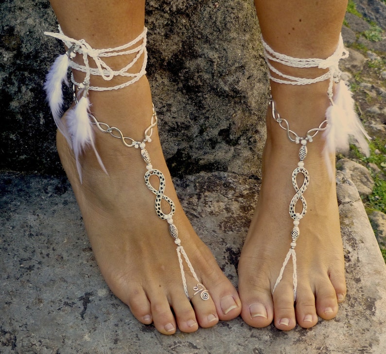 foot jewelry WHITE BAREFOOT SANDALS Silver Infinite outdoor wedding jewelry hippie chic sandals yoga accessories toe ring