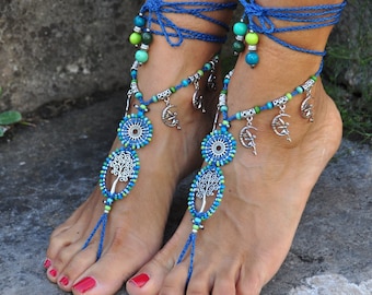 Tree of Life blote voeten sandalen: blauwgroene gehaakte voetsieraden met kralen