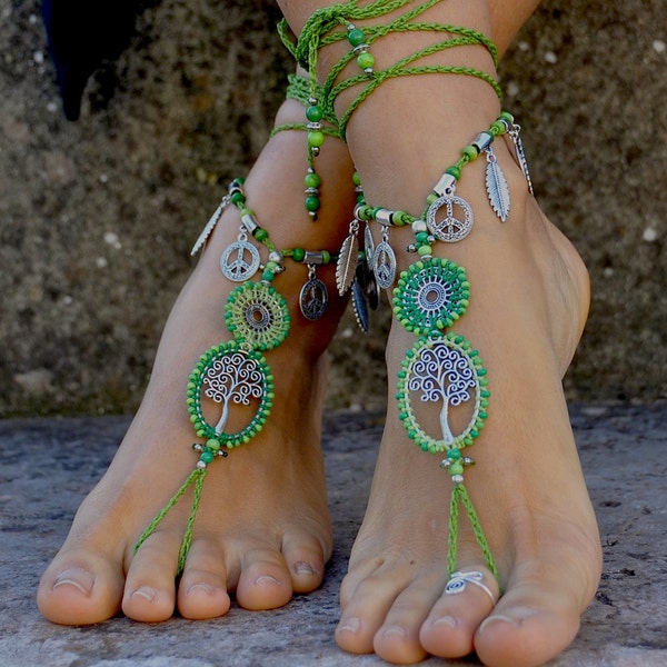 SANDALES pieds nus, Bijoux de l’arbre de vie, Sandales vertes, Bijoux pour pieds, Sandales hippies, Mariage à la plage, Cheville en macramé, Bijoux de yoga, Bague d’orteil