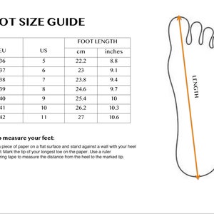 May include: A chart showing shoe sizes in US, EU, centimeters, and inches. The chart shows the corresponding shoe size for each measurement. The chart is accompanied by a diagram showing how to measure your foot length.
