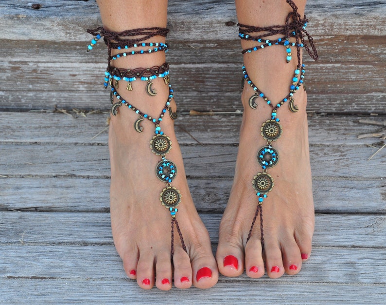 MOON MANDALA BAREFOOT sandals, Foot jewelry, Hippie sandals, Toe anklet, Beaded crochet barefoot tribal sandals, Festival, Yoga image 6