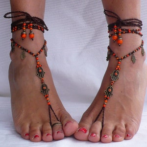 Brown and Orange Brass HAMSA hand BAREFOOT SANDALS foot jewelry hippie sandals toe ring anklet crochet barefoot tribal sandals
