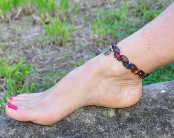 Brown Macrame Anklet: Boho Foot Jewelry with Bronze Charm
