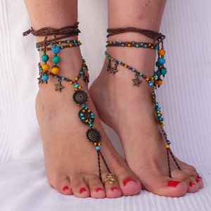 SUMMER MANDALA barefoot SANDALS foot jewelry hippie sandals toe ring anklet beaded crochet barefoot tribal sandal festiva yoga wedding
