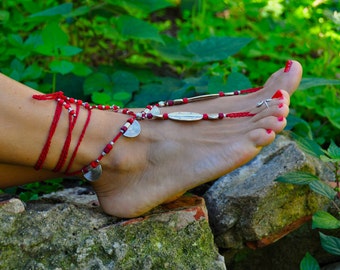 RED and Silver Ethnic BAREFOOT SANDALS Foot Jewelry Wedding Sandals Toe Ring Anklet Crochet Barefoot Sandals Gift for Her