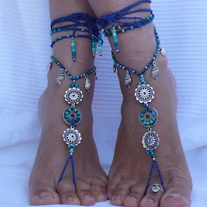 AQUARIUM MANDALA barefoot SANDALS foot jewelry hippie sandals toe ring anklet beaded crochet barefoot tribal sandal festival