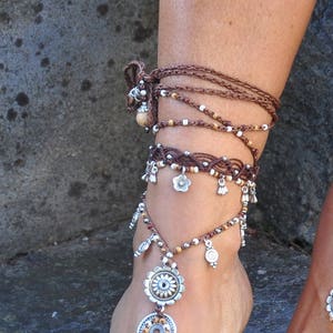 Barefoot SANDALS, EARTH MANDALA, Beach wedding, Foot jewelry, ankle bracelet,Brown Sandals,hippie,toe ring, Yoga Jewelry, Crochet jewelry image 9