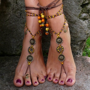 Morning SUN MANDALA BAREFOOT sandals foot jewelry hippie sandals toe ring anklet Beaded Crochet Barefoot Tribal Sandal Slave Bracelet