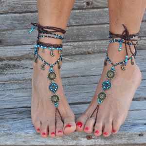 MOON MANDALA BAREFOOT sandals, Foot jewelry, Hippie sandals, Toe anklet, Beaded crochet barefoot tribal sandals, Festival, Yoga image 8