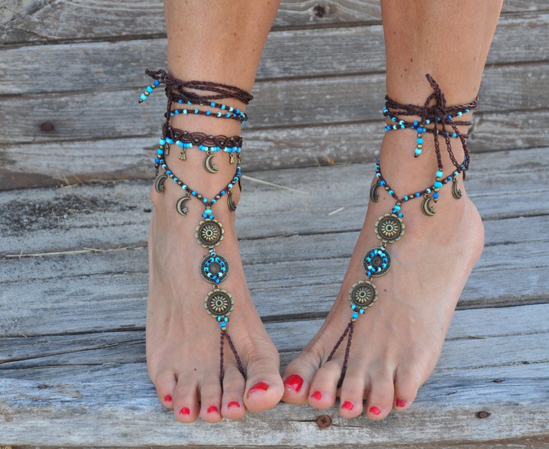 MOON MANDALA BAREFOOT sandals, Foot jewelry, Hippie sandals, Toe anklet, Beaded crochet barefoot tribal sandals, Festival, Yoga image 8