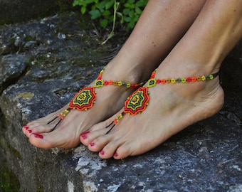 Huichol Beaded Barefoot Sandals: Mexican Mandala Anklet, Boho