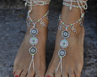 Silver Fairy Mandala Barefoot Sandals: Neon Beaded Crochet Foot Jewelry
